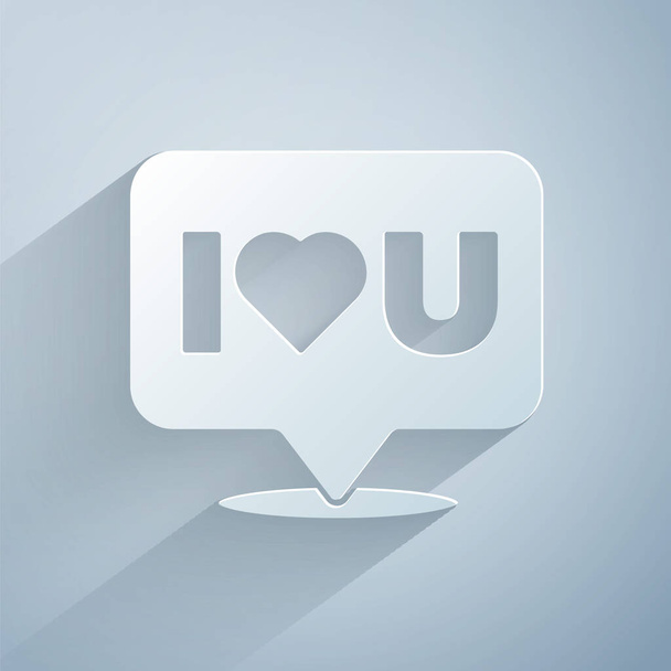 Paper cut Speech bubble with text I love you icon isolated on grey background. Valentines day. Paper art style. Vector - Vector, Image