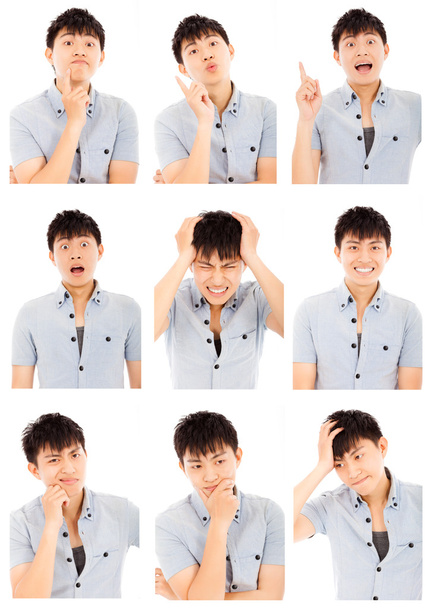 Ασιατικές νεαρός άνδρας προσώπου εκφράσεις σύνθετο απομονωθεί σε λευκό  - Φωτογραφία, εικόνα