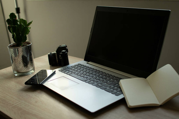 Bir dizüstü bilgisayar, açık bir defter, bir cep telefonu ve ofis masasında bir bitki. - Fotoğraf, Görsel