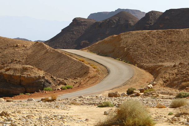 Strada lungo la costa del Mar Morto nel deserto della Giudea nel sud di Israele. Giornata di sole caldo.  - Foto, immagini