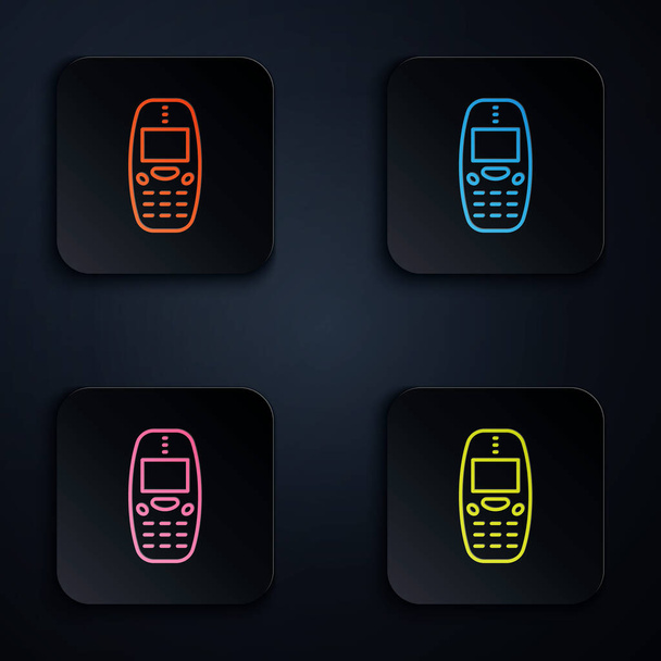 Renkli neon hattı siyah arkaplanda izole edilmiş eski model bir klavye cep telefonu simgesi. Retro cep telefonu cihazı. 90 'ların klasik cep telefonu. Kare düğmelere simgeleri yerleştir. Vektör - Vektör, Görsel