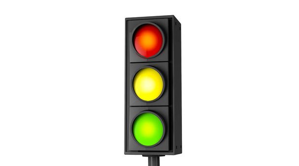 3D rendering, Realistic close up green, yellow and red traffic lights in side view, traffic sign mock up design concept, isolated on white background. - 写真・画像