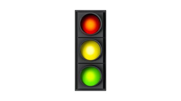 Rendering 3D, semafori verdi, gialli e rossi ravvicinati realistici nella vista laterale anteriore, segnaletica stradale modellare il concetto di design, isolato su sfondo bianco. - Foto, immagini