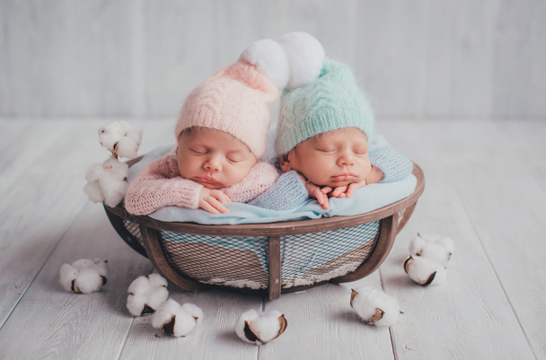 Os gémeos são irmãos recém-nascidos. Rapariga e rapaz recém-nascidos. Chapéus com bolas de pele branca dormem docemente em uma cesta. - Foto, Imagem