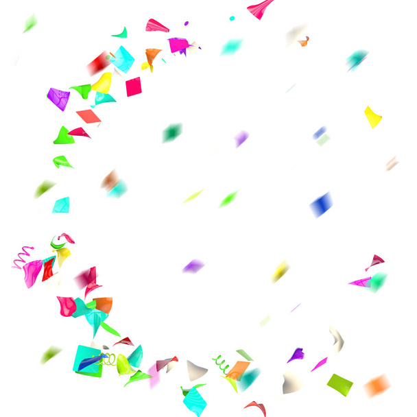 Colorful confetti fly in a circle against the background of smeared confetti in motion. Isolated white background. 3D render - Photo, Image