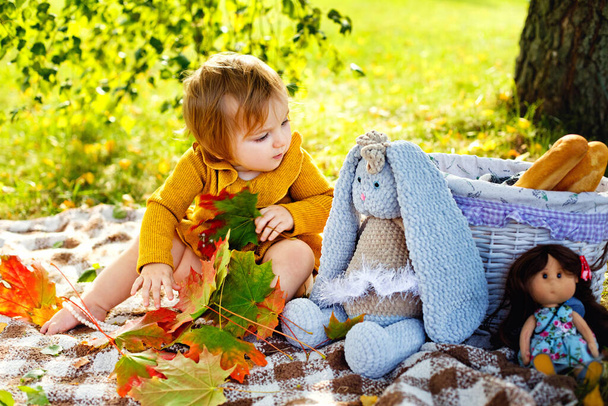 Mała dziewczynka siedzi na kocu w świetle słonecznym w parku. Dzieci mają piknik w przyrodzie. - Zdjęcie, obraz
