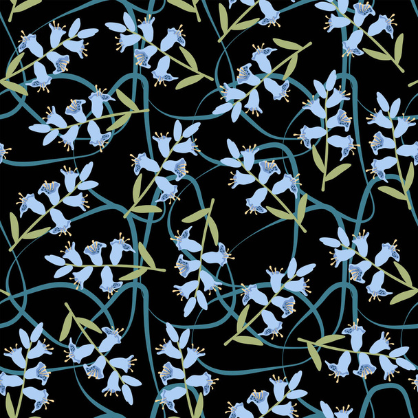 Blue bell flower on black background. Seamless pattern. Simple floral pattern with campanula. Flat style. Vector illustration. - Vector, Image