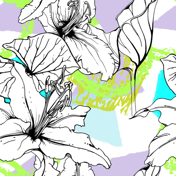 Floral Black White Print. Tropical Jungle Leaf on Geometric Brush Shapes. Modern Motif. Foliage Summer Seamless Pattern. Trending Vector Background. Artistic Botanical Surface. Plant Texture Fashion. - Vektör, Görsel