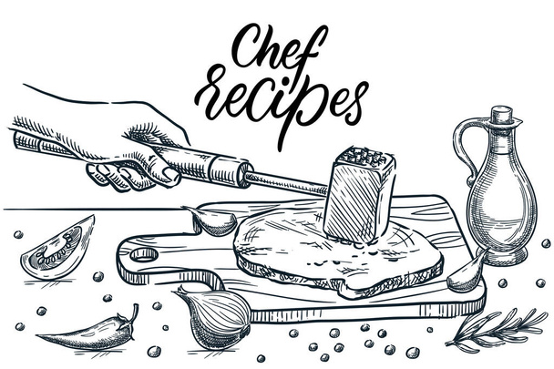 La mano umana batte la bistecca di filetto con il martello della cucina sul tagliere. Cottura farina di carne processo di preparazione illustrazione schizzo vettoriale. Calligrafia disegnata a mano lettering e ingredienti alimentari in tavola - Vettoriali, immagini