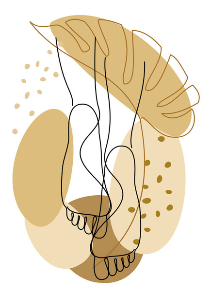 Silhouetten menschlicher Füße und Blätter im modernen Einzeiler-Stil. Durchgehende Zeichnung mit Pflanzen, Dekorumrissen, Wandplakaten, Aufklebern, Logo. Vektorillustration. - Foto, Bild