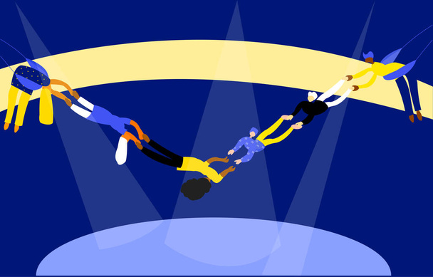 Flat illustration about teamwork and balance in work life. It shows men and women working together and balancing life at the same time to achieve success.  - Vector, Image