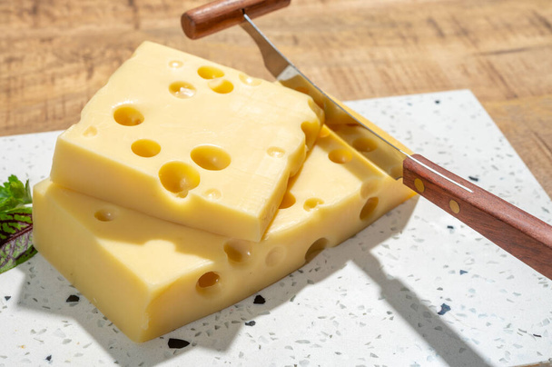 Juusto kokoelma, lohkot Ranskan emmentaler juustoa monia pyöreitä reikiä valmistettu lehmänmaidosta lähikuva - Valokuva, kuva