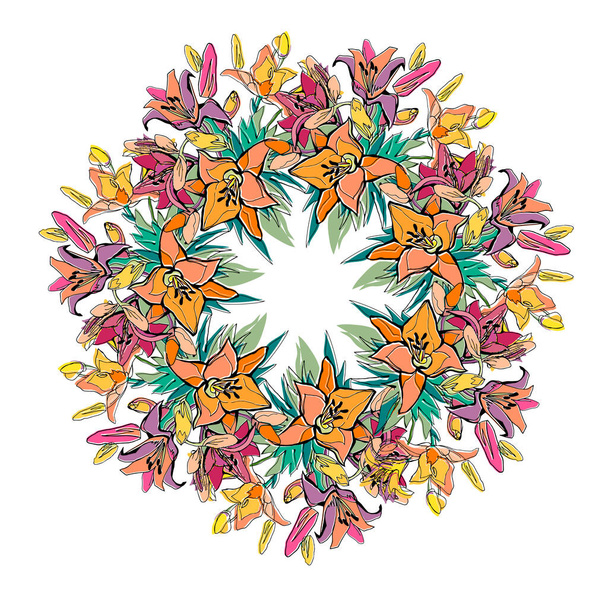 Corona floral ornamental con flores de lirio ornamentadas coloridas dibujadas a mano.  - Vector, Imagen