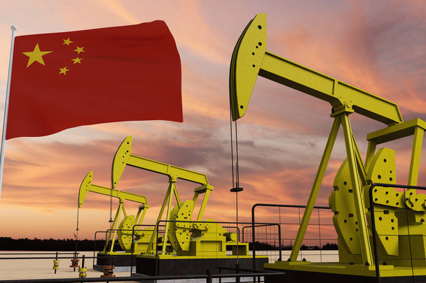Хорошая добыча нефти и облачное небо на закате с китайским флагом. - Фото, изображение