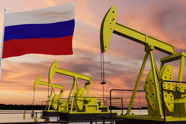 Хорошая добыча нефти и облачное небо на закате с флагом России. - Фото, изображение