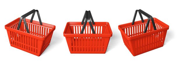 Definir cesto de compras vermelho. isolado em fundo branco. Renderização 3d - Foto, Imagem