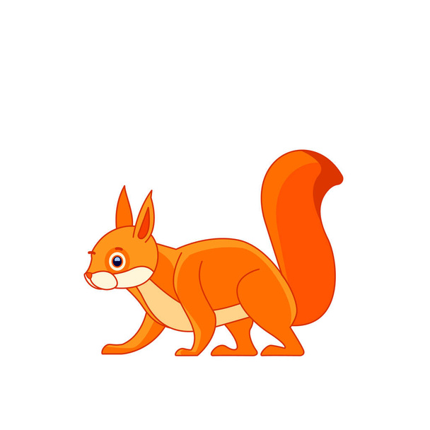 Ωραίος κόκκινος σκίουρος. Γελοιογραφία χαρακτήρα ενός μικρού θηλαστικού ζώου. Ένα άγριο πλάσμα του δάσους με κόκκινη, πορτοκαλί γούνα. Πλευρική άποψη. Διάνυσμα σε επίπεδη εικόνα στυλ που απομονώνεται σε λευκό φόντο - Διάνυσμα, εικόνα