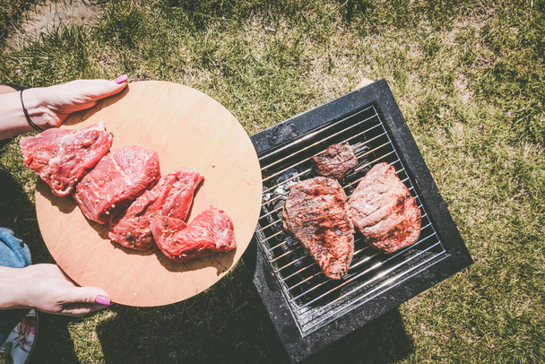 Grill steaks, camping. Portable grill - Fotoğraf, Görsel