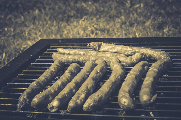 Sausages grilled, outdoor recreation. Portable barbecue - Foto, afbeelding