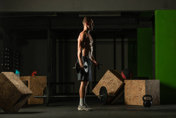 jovem fisiculturista formação dumbbell alternar bíceps curl em casa ginásio - Foto, Imagem