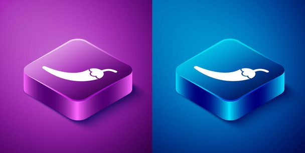 Isometric Hot chili pepper pod icon isolated on blue and purple background. Design for grocery, culinary products, seasoning and spice package, cooking book. Square button. Vector - Vector, Image