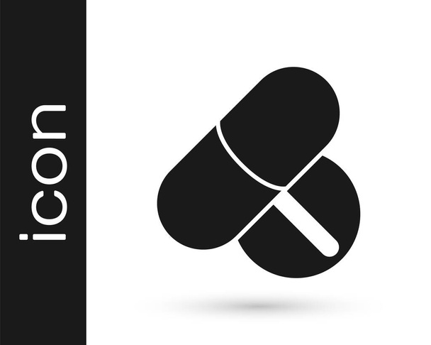 Черная медицина таблетки или таблетки значок изолирован на белом фоне. Капсула и наркотический знак. Аптечный дизайн. Вектор - Вектор,изображение