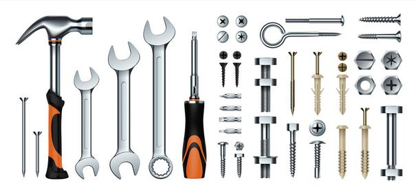 Realistic mechanic tools. 3D construction instrument set. Metal wrench and hummer, isolated screwdriver. Iron nails or screws with dowels. Hex nuts and eye hook. Vector hardware store - Vector, Image