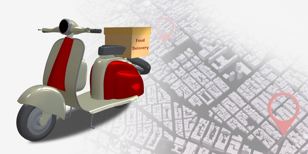 Lieferung Motorrad Stadtplan Punkt GPS-Koordinatenortung Pin Online-Liefersystem 3D-Abbildung - Foto, Bild