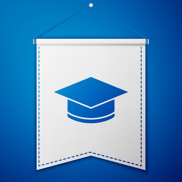 Blue Graduation Cap Symbol isoliert auf blauem Hintergrund. Abschluss Hut mit Quaste-Symbol. Weiße Wimpelvorlage. Vektor - Vektor, Bild