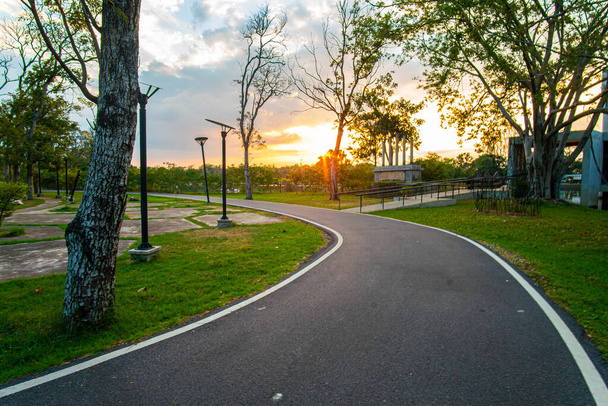 Empty asphalt pathway road in city park sunset running path - 写真・画像