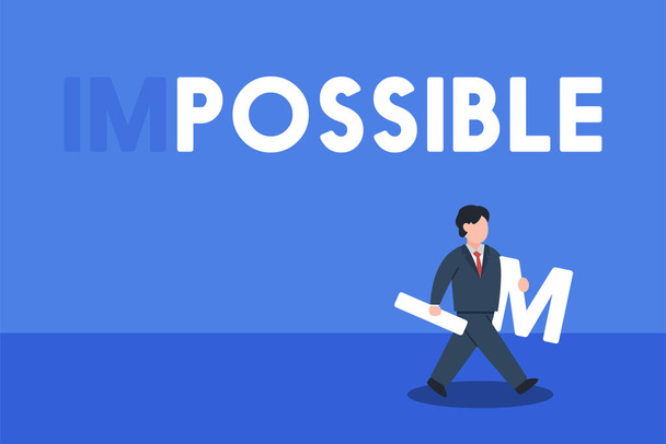 ビジネスマン"不可能"という言葉から"私"を奪う。ビジネスの可能性の創造的な概念。シンプルなトレンディーなかわいいベクトルキャラクターイラスト。アブストラクト平面グラフィックデザイン. - ベクター画像