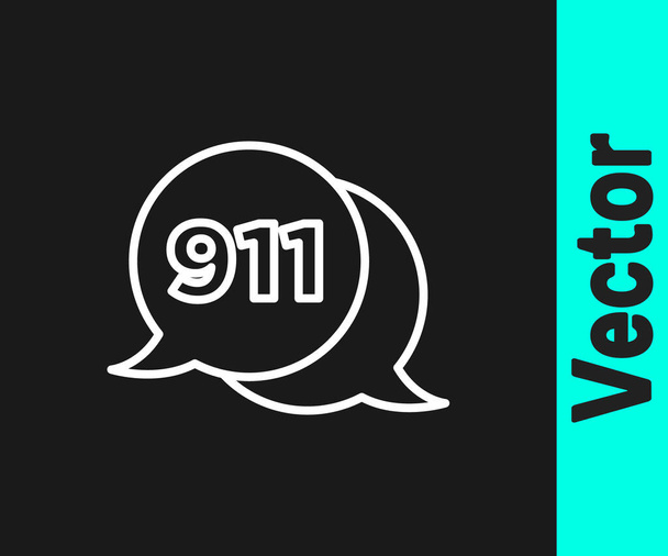 Línea blanca Teléfono con llamada de emergencia 911 icono aislado sobre fondo negro. Policía, ambulancia, bomberos, llamada, teléfono. Vector - Vector, imagen