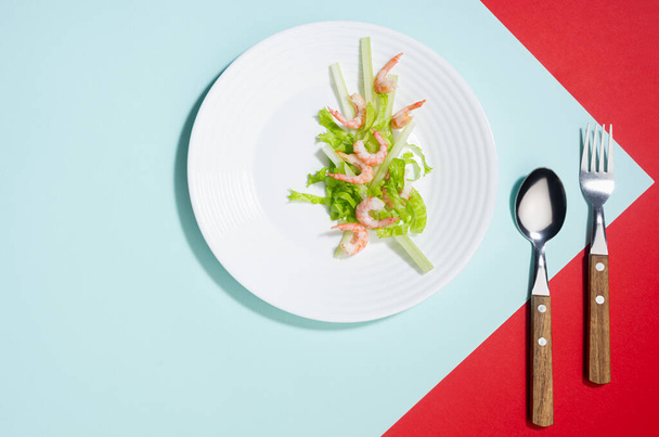 Modern elegant geometric style in food - appetizer of shrimps, greens, celery, teriyaki sauce in white plate with cutlery with shadow in sunlight on red and minty background, flat lay. - Fotó, kép