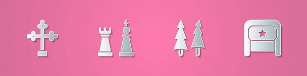 Set paper cut Christian cross, Chess, Christmas tree and Ushanka icon. Paper art style. Vector - Vector, Image