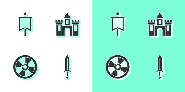 Aseta keskiaikainen miekka, lippu, pyöreä puinen kilpi ja linna, linnoituksen kuvake. Vektori - Vektori, kuva