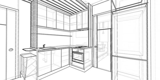 Skizze eines 3D-Drahtrahmens, Perspektive einer kleinen Speisekammer in Wohneinheit - Foto, Bild