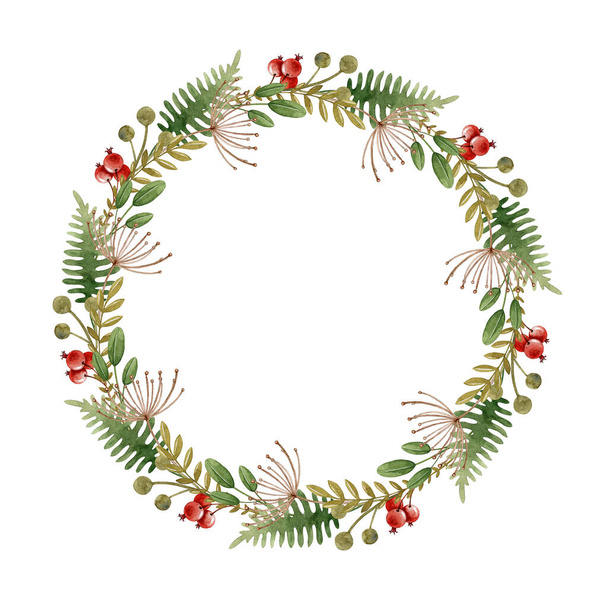 Floral natural wreath. Watercolor illustration. Elegant seasonal round rustic decor from fern, leaves, forest herbs and red berries. Hand drawn forest wreath. Festive decoration on white background - Фото, изображение
