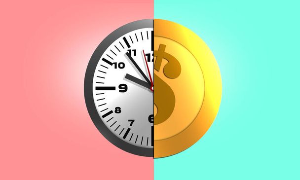 An illustration of a clock and a coin with a dollar sign on it against a colorful background - Photo, image