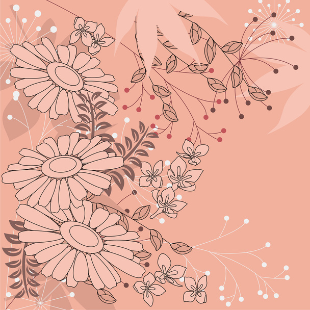 Pink floral background with contour flowers and plants - Вектор,изображение