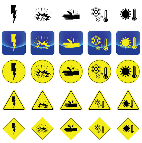 Попереджувальний знак для електрики ударний, вибуховий, корозійний, холодний, тепловий вектор
 - Вектор, зображення