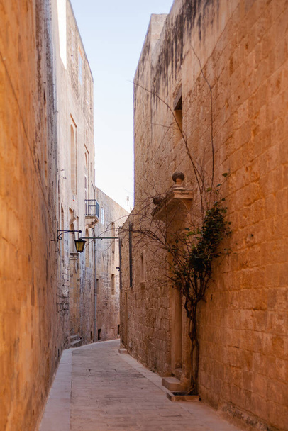 Buildings with old fashioned lanterns and balconies. Ancient narrow street in Mdina, Malta. - Zdjęcie, obraz