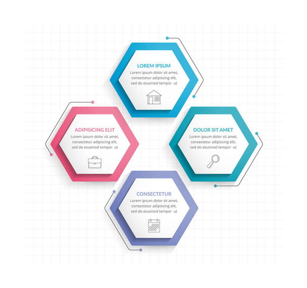 Infographic template with four hexagons with line icons, process chart, creative business infographics, vector eps10 illustration - Vektor, kép