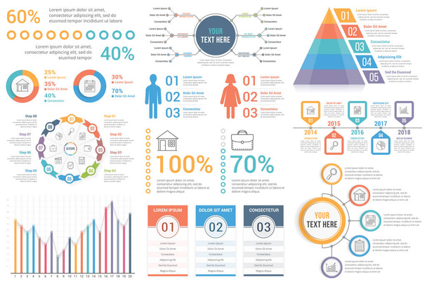 Infographic elements - percents, pie charts, circle diagram, bar graph, mind map, people infographics, pyramid, timeline, steps/options, vector eps10 illustration - Vettoriali, immagini