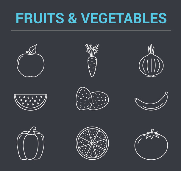 9 Fruits and vegetables line icons, vector eps10 illustration - Vector, afbeelding