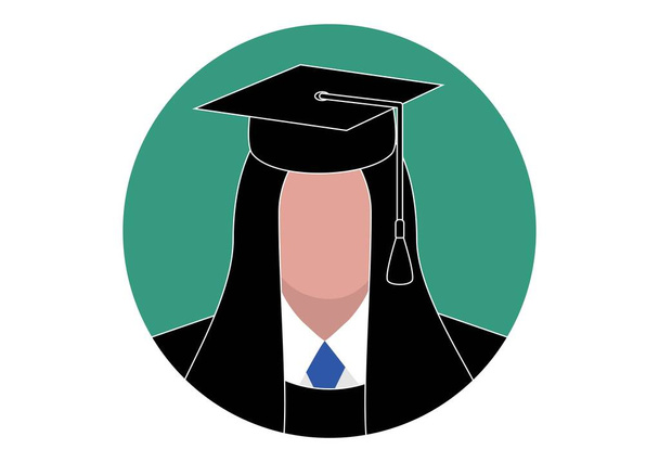 Ícone circular de uma menina graduada ou pós-graduada. Universidade com o terno de graduação ou pós-graduação - Vetor, Imagem