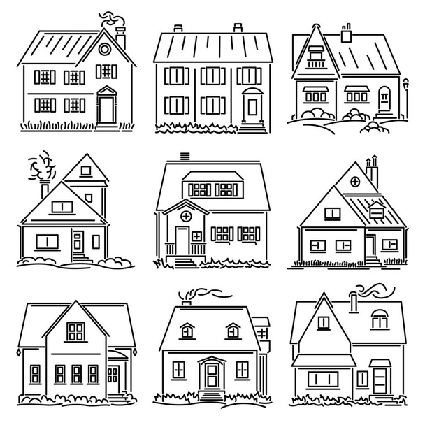 Sanat çizgisi biçiminde çizilmiş küçük evlerin basit vektör resimlerinin kümesi. - Vektör, Görsel