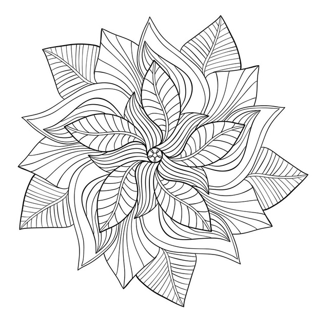 Floral mandala met decoratieve bladeren en gestreepte patronen op witte geïsoleerde achtergrond. Geschikt voor kleurboek. - Vector, afbeelding
