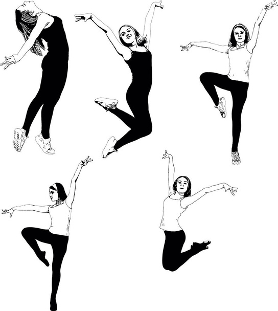 Atlética, chica fitness realiza movimientos de baile y saltos. Conjunto de imágenes vectoriales en blanco y negro - Vector, imagen