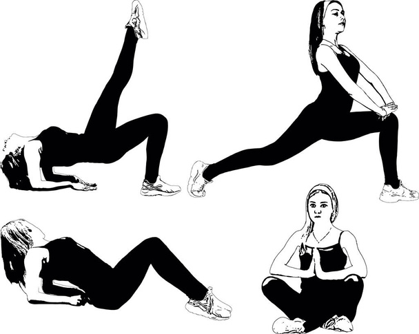 Athletic, slender girl does exercises to stretch the muscles. Set of vector black and white images - Vector, Image