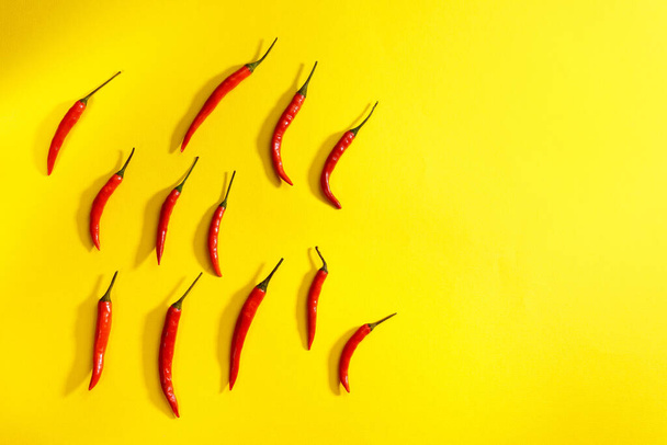 chili peppers on a yellow background. flat lay. Spicy food, Mexican cuisine. copy space - Photo, image
